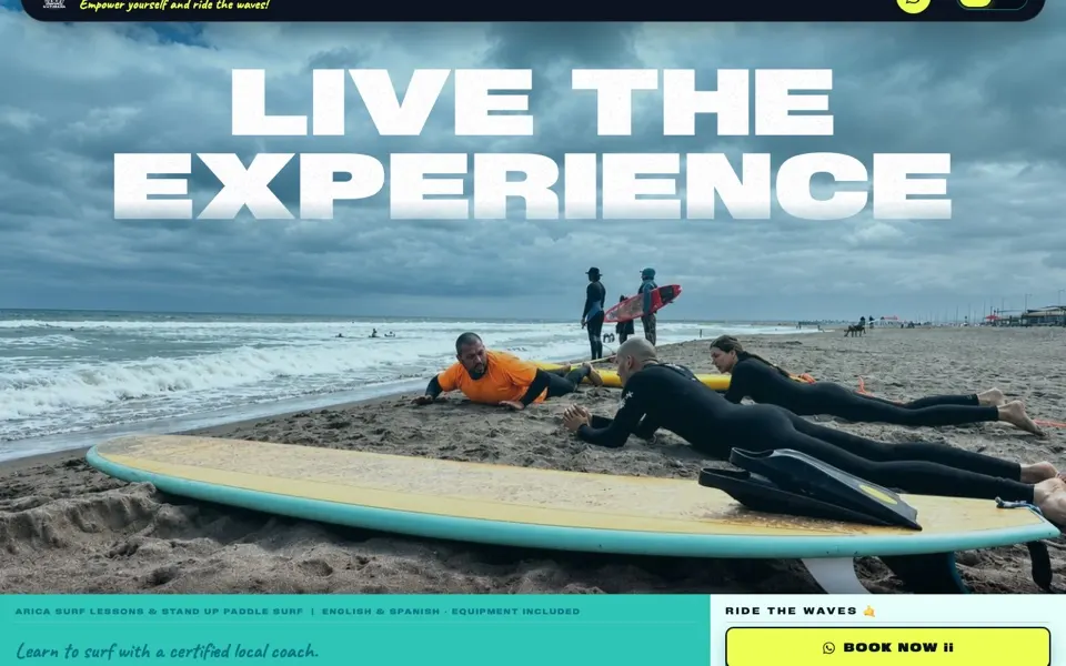 Sitio de reservas bilingüe de Arica Surf Experience, escuela de surf en Arica — desarrollado por Digitaliza Todo